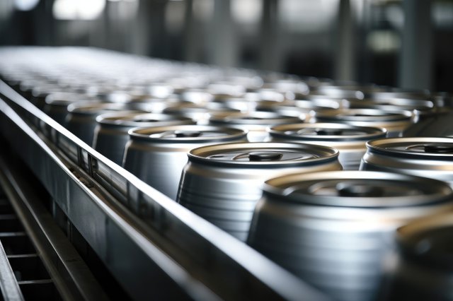 Beverage production: conveyor line with rows of shiny aluminum cans in an industrial setting