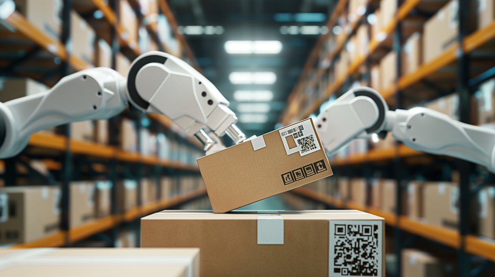 Against the backdrop of a modern distribution center, robotic arms delicately handle cardboard boxes labeled with QR codes, showcasing the role of smart packaging in automatic logi